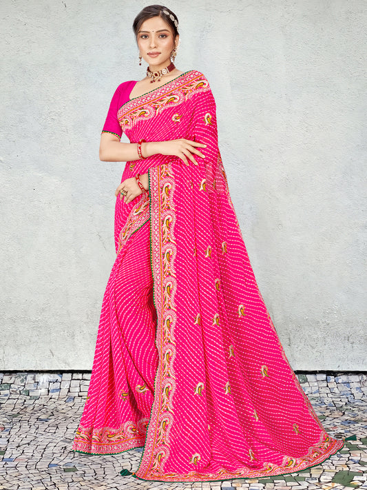 Women's Georgette Bandhani Saree With Unstitched Blouse Piece