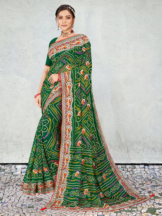 Women's Georgette Bandhani Saree With Unstitched Blouse Piece