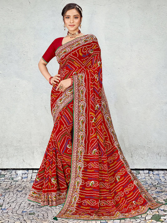 Women's Georgette Bandhani Saree With Unstitched Blouse Piece