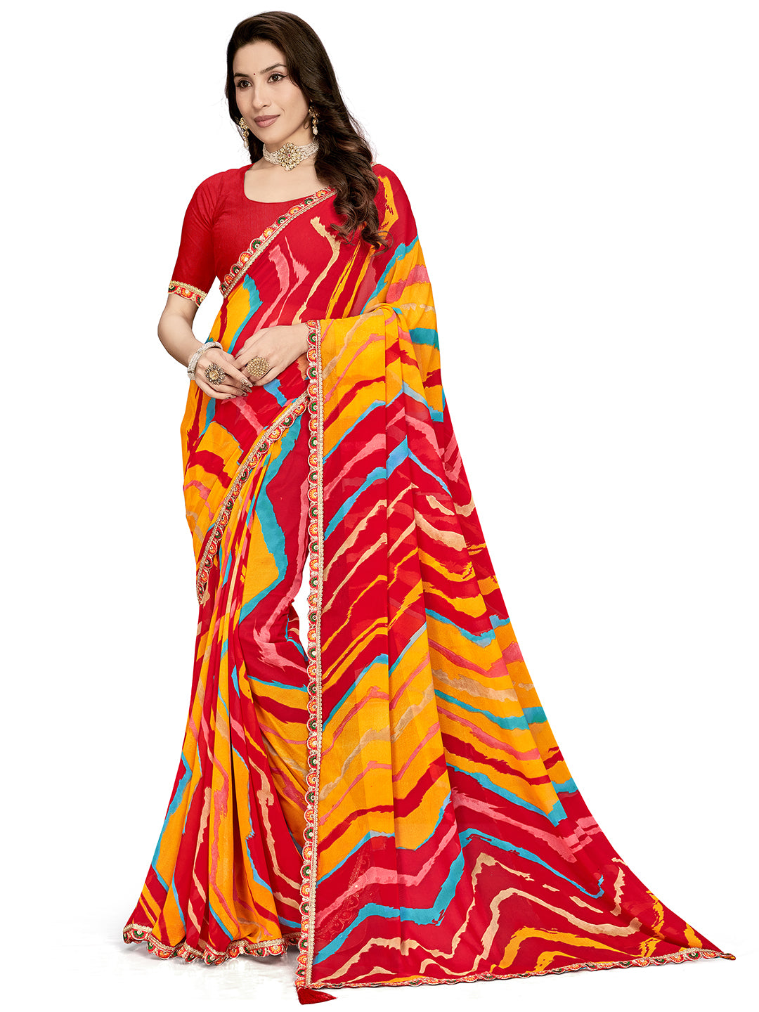 Women's Georgette Leheriya Saree With Unstitched Blouse Piece