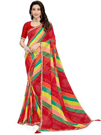 Women's Georgette Leheriya Saree With Unstitched Blouse Piece