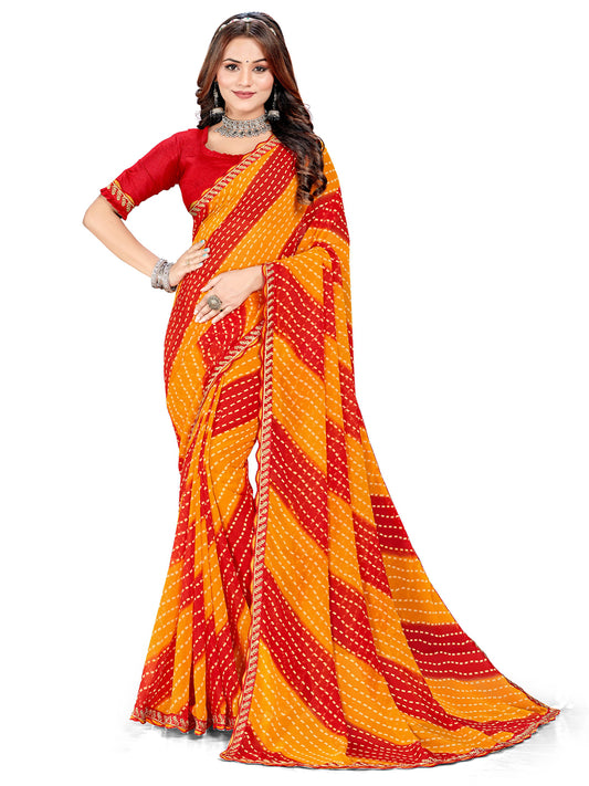 Women's Georgette Leheriya Saree With Unstitched Blouse Piece