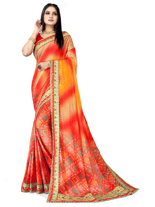 Women's Chiffon Bandhani Saree With Unstitched Blouse Piece