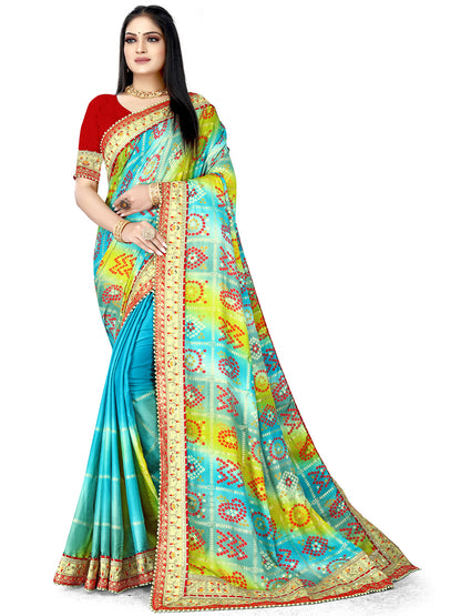 Women's Chiffon Bandhani Saree With Unstitched Blouse Piece