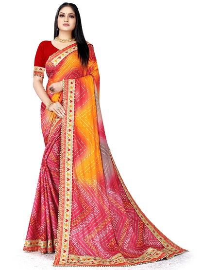 Women's Chiffon Bandhani Saree With Unstitched Blouse Piece