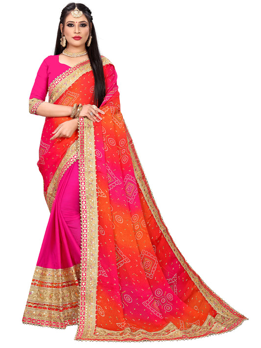Women's Chiffon Bandhani Saree With Unstitched Blouse Piece