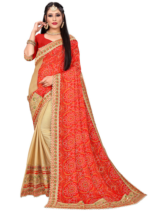 Women's Chiffon Bandhani Saree With Unstitched Blouse Piece