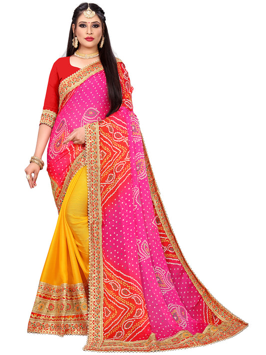 Women's Chiffon Bandhani Saree With Unstitched Blouse Piece