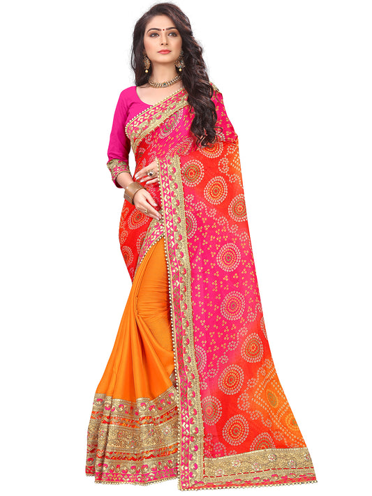 Women's Chiffon Bandhani Saree With Unstitched Blouse Piece