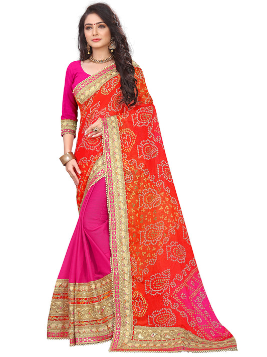 Women's Chiffon Bandhani Saree With Unstitched Blouse Piece