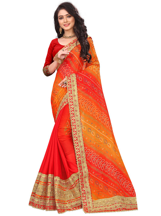 Women's Chiffon Bandhani Saree With Unstitched Blouse Piece
