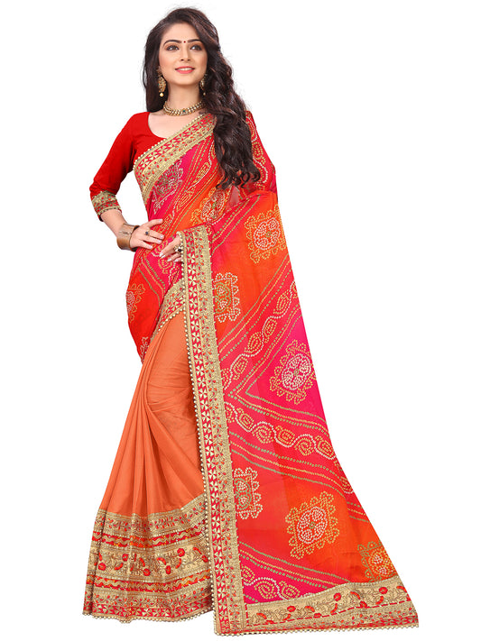 Women's Chiffon Bandhani Saree With Unstitched Blouse Piece