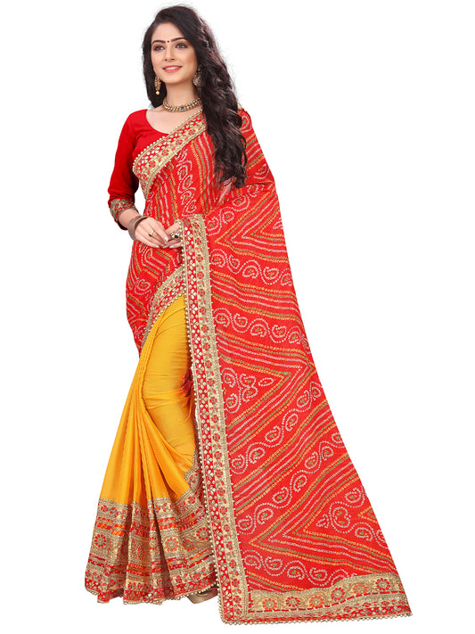 Women's Chiffon Bandhani Saree With Unstitched Blouse Piece