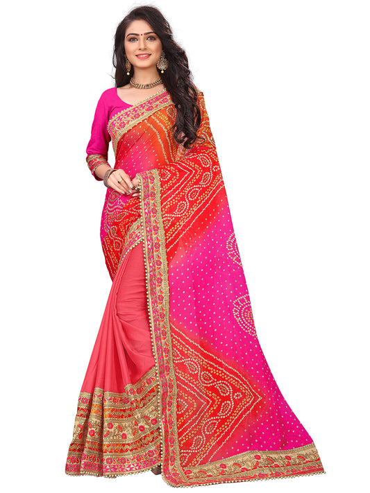 Women's Chiffon Bandhani Saree With Unstitched Blouse Piece