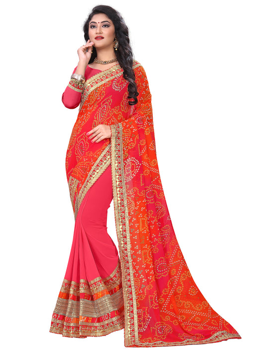 Women's Georgette Bandhani Saree With Unstitched Blouse Piece