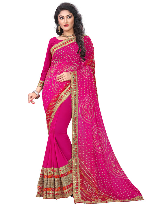 Women's Georgette Bandhani Saree With Unstitched Blouse Piece