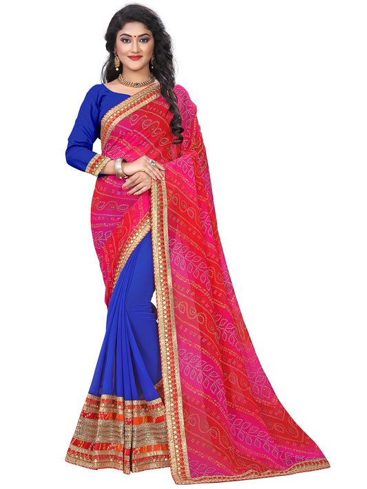 Women's Georgette Bandhani Saree With Unstitched Blouse Piece
