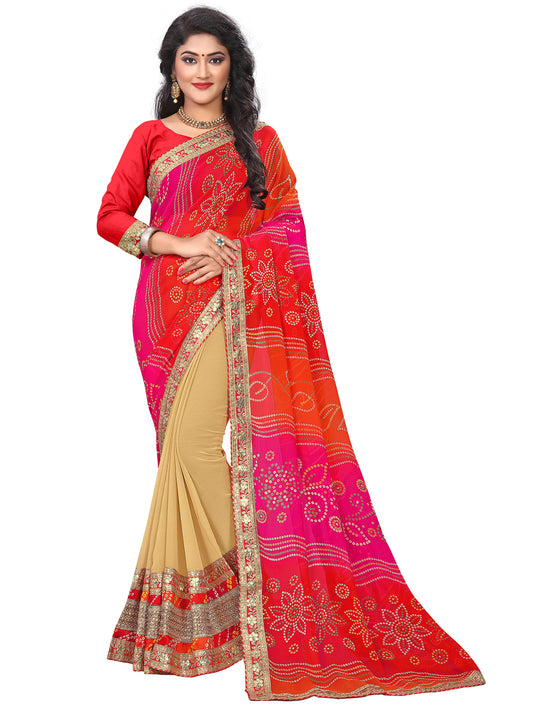 Women's Georgette Bandhani Saree With Unstitched Blouse Piece