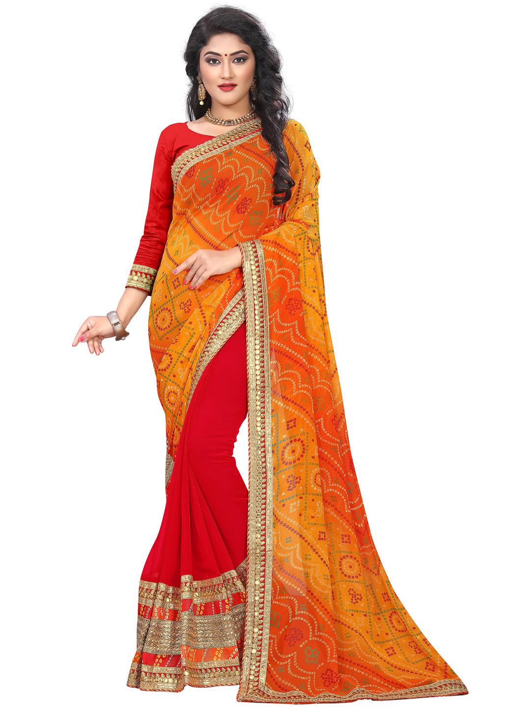 Women's Georgette Bandhani Saree With Unstitched Blouse Piece