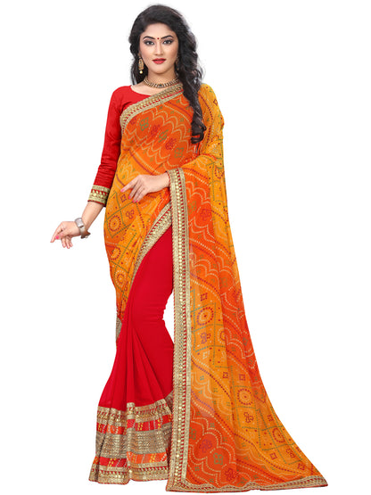 Women's Georgette Bandhani Saree With Unstitched Blouse Piece