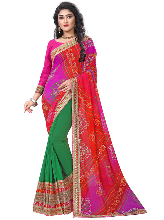 Women's Georgette Bandhani Saree With Unstitched Blouse Piece