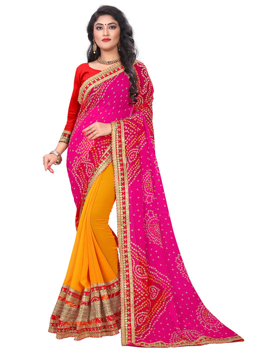 Women's Georgette Bandhani Saree With Unstitched Blouse Piece