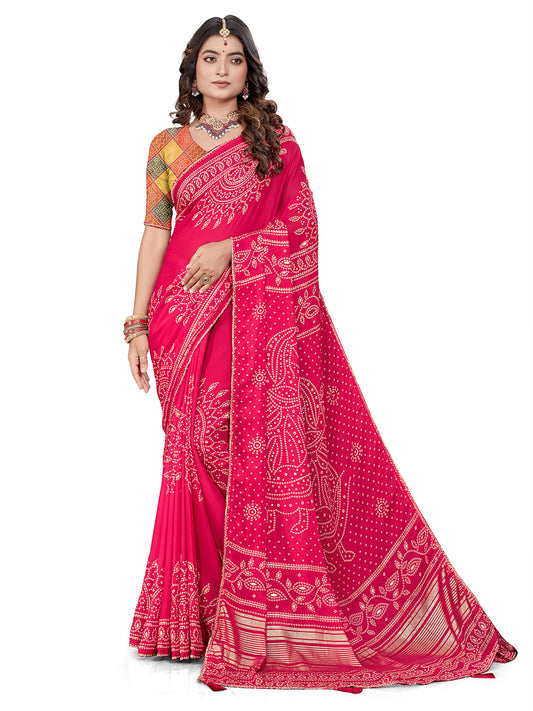 Women's Chiffon Bandhani Saree With Unstitched Blouse Piece