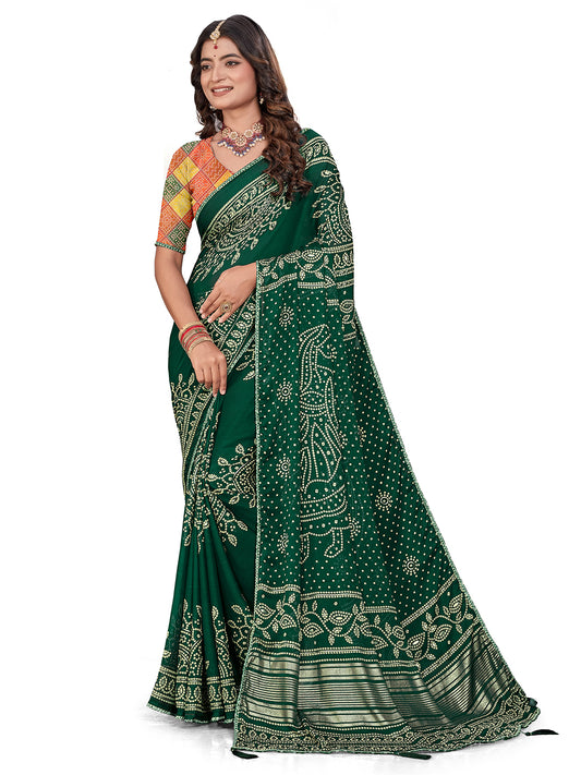 Women's Chiffon Bandhani Saree With Unstitched Blouse Piece