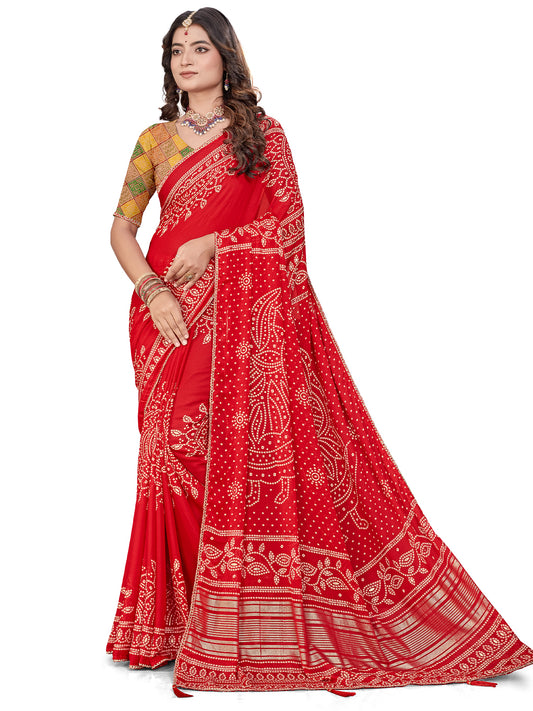 Women's Chiffon Bandhani Saree With Unstitched Blouse Piece