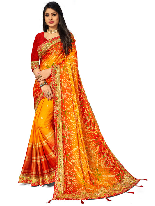 Women's Chiffon Bandhani Saree With Unstitched Blouse Piece