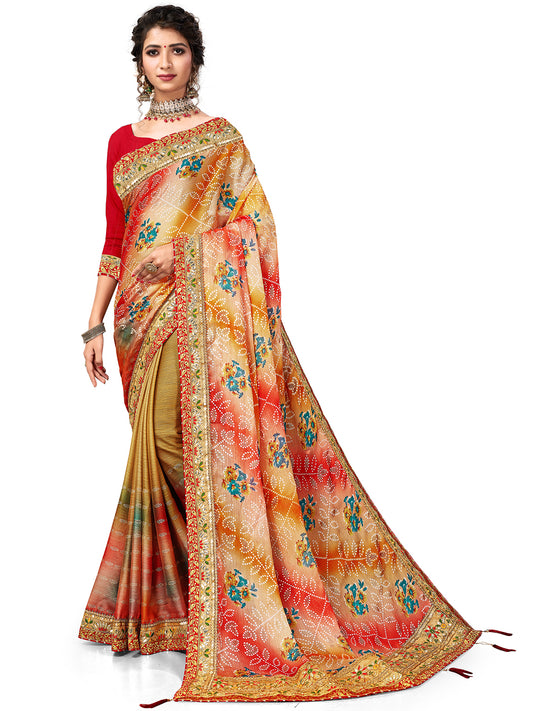 Women's Chiffon Bandhani Saree With Unstitched Blouse Piece