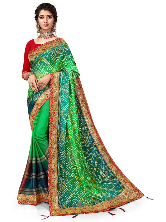Women's Chiffon Bandhani Saree With Unstitched Blouse Piece