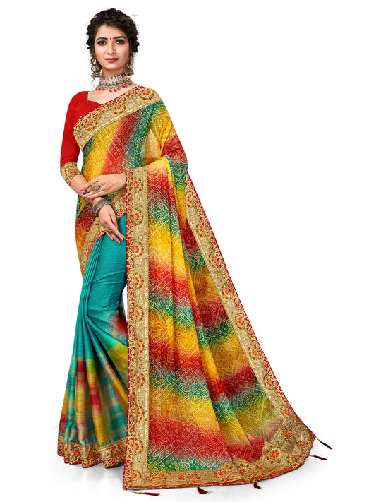 Women's Chiffon Bandhani Saree With Unstitched Blouse Piece