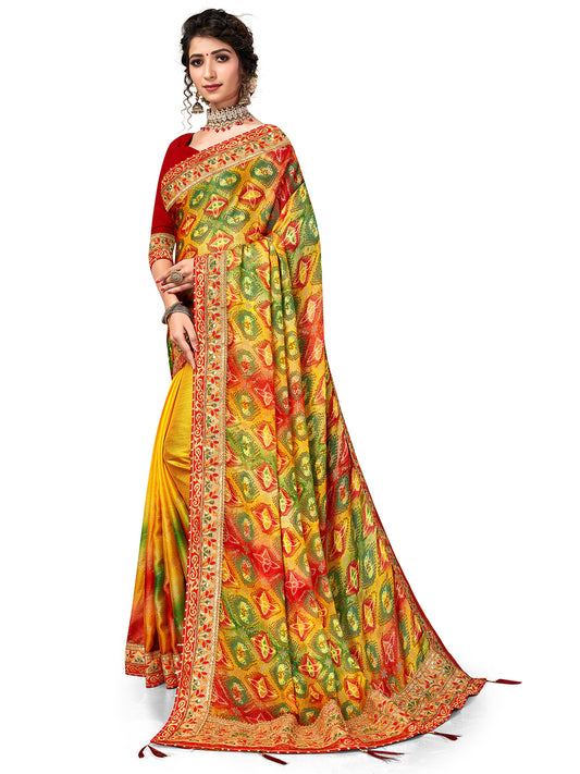 Women's Chiffon Bandhani Saree With Unstitched Blouse Piece