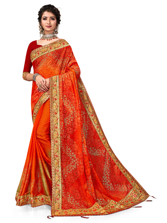 Women's Chiffon Bandhani Saree With Unstitched Blouse Piece