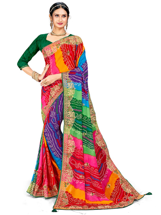 Women's Georgette Bandhani Saree With Unstitched Blouse Piece