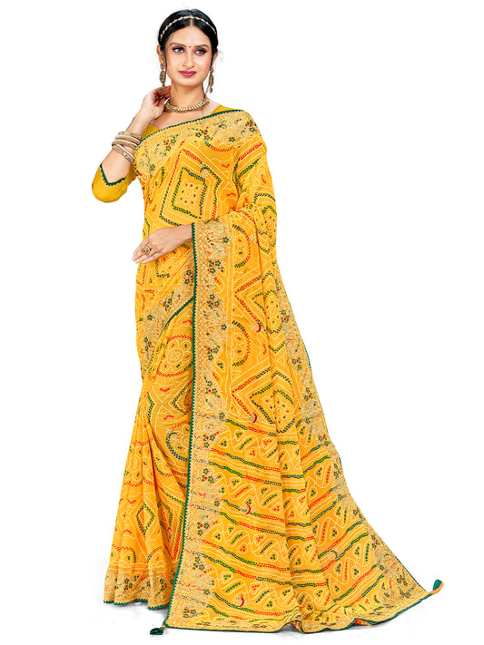 Women's Georgette Bandhani Saree With Unstitched Blouse Piece