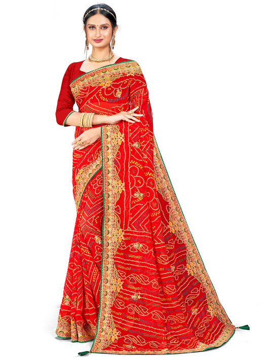 Women's Georgette Bandhani Saree With Unstitched Blouse Piece