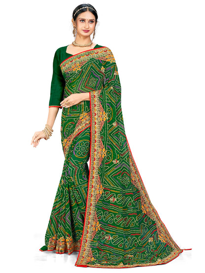 Women's Georgette Bandhani Saree With Unstitched Blouse Piece