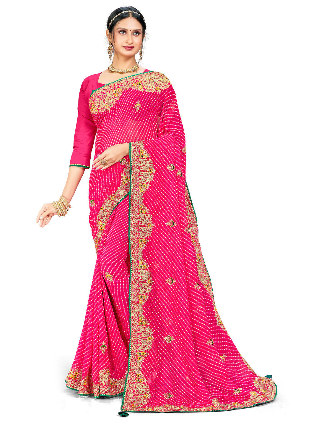 Women's Georgette Bandhani Saree With Unstitched Blouse Piece