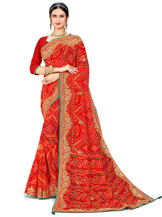 Women's Georgette Bandhani Saree With Unstitched Blouse Piece