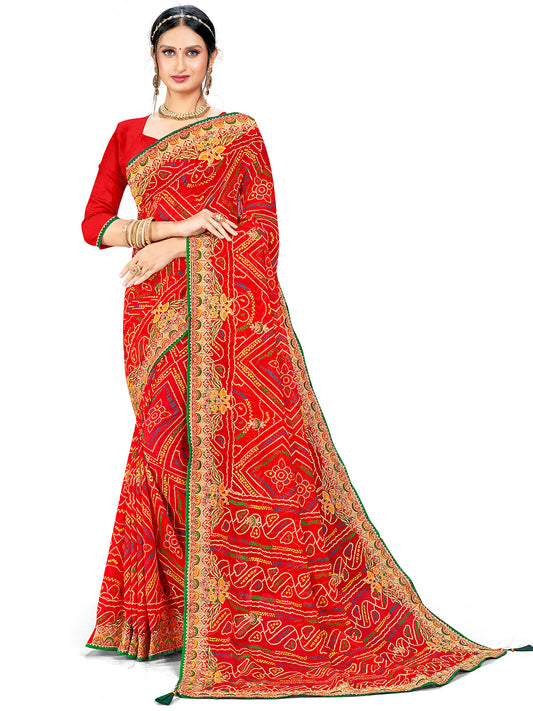 Women's Georgette Bandhani Saree With Unstitched Blouse Piece
