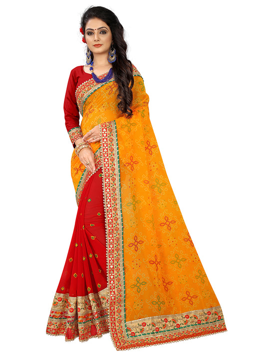Women's Georgette Bandhani Saree With Unstitched Blouse Piece