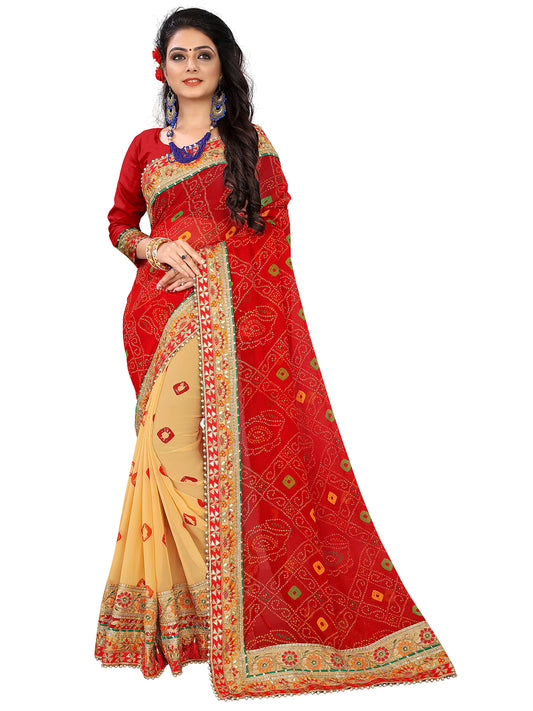 Women's Georgette Bandhani Saree With Unstitched Blouse Piece