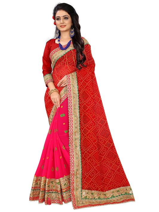 Women's Georgette Bandhani Saree With Unstitched Blouse Piece