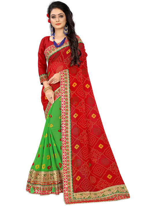 Women's Georgette Bandhani Saree With Unstitched Blouse Piece
