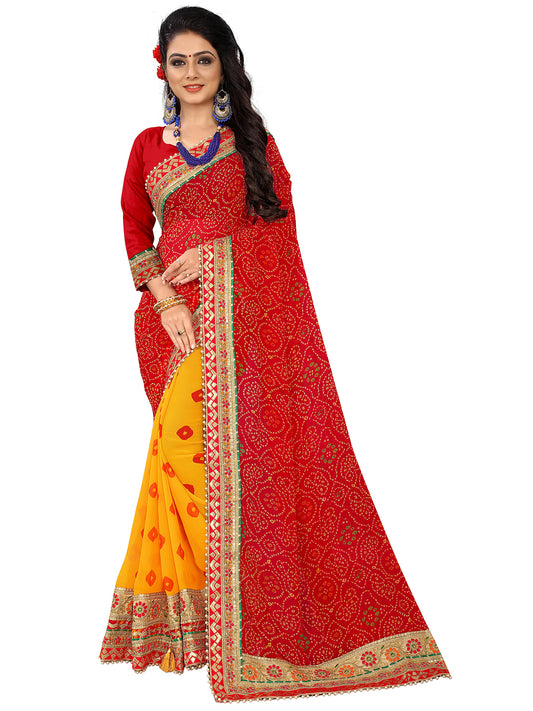 Women's Georgette Bandhani Saree With Unstitched Blouse Piece