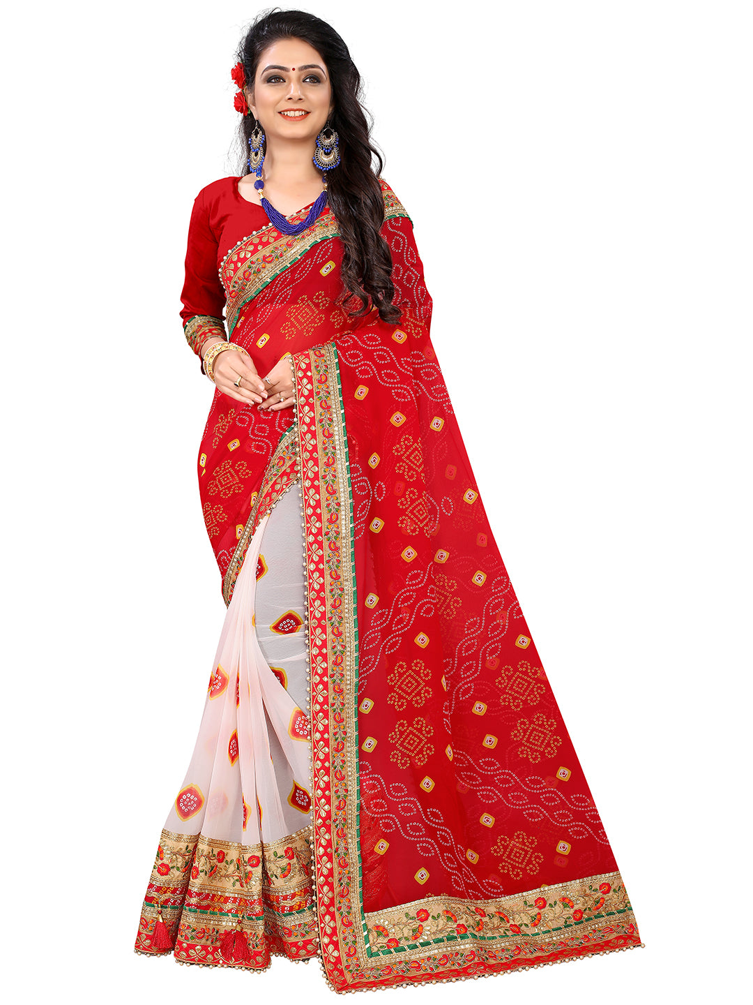 Women's Georgette Bandhani Saree With Unstitched Blouse Piece