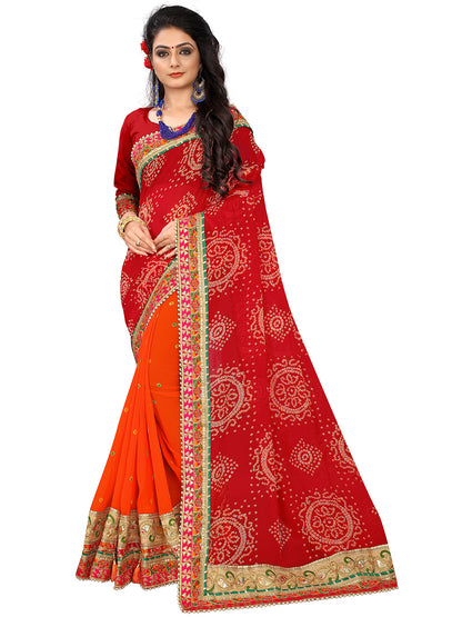 Women's Georgette Bandhani Saree With Unstitched Blouse Piece