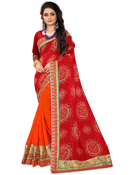 Women's Georgette Bandhani Saree With Unstitched Blouse Piece